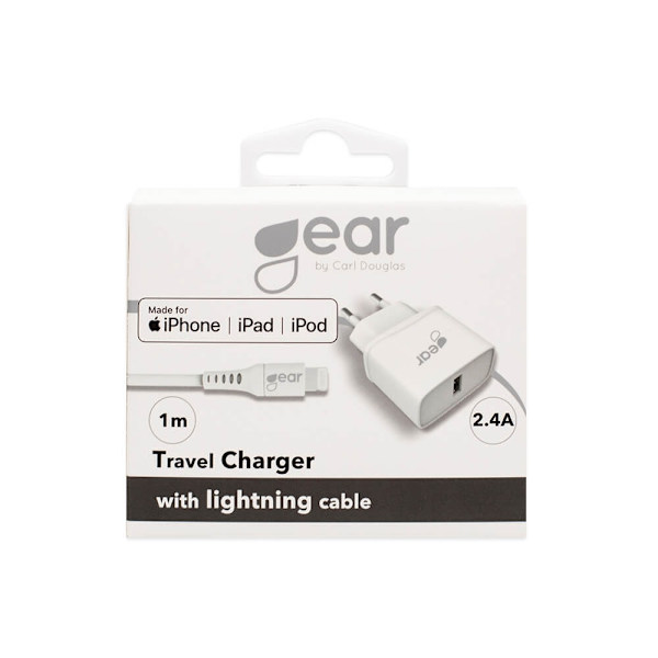 GEAR Laddare 220V 1xUSB 2,4A Vit Lightning Kabel 1m MFI C89