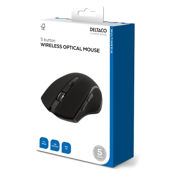 DELTACO wireless optical mouse, 5 buttons + scroll, 1600 DPI, USB, bla