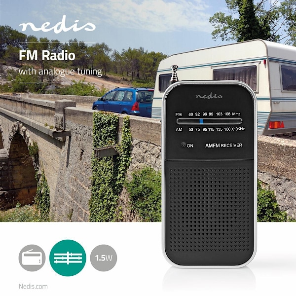 Nedis FM-radio | Bærbart design | AM / FM | Batteri | Analog | 1.5 W | Sort hvid skærm | Hovedtelefonudgang | IP20 | Aluminium / Sort
