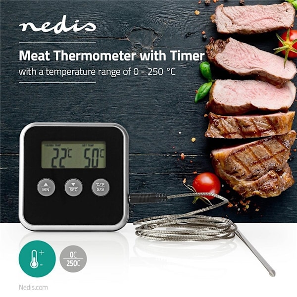 Nedis Kød Termometer | Alarm / Timer | LCD Display | 0 - 250 °C | Sort / Sølv