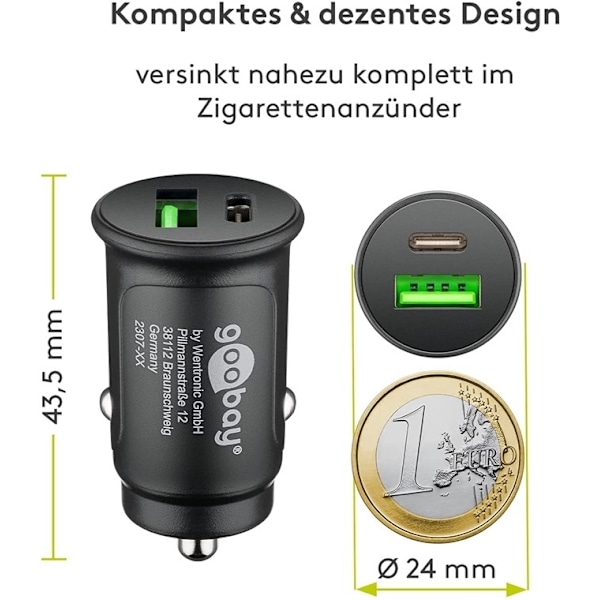 Goobay Dual-USB Auto Fast Charger USB-C™ PD (Power Delivery) (30 W) 30W (12/24V)lämplig för enheter med USB-C™ (Ström Delivery), såsom iPhone 12