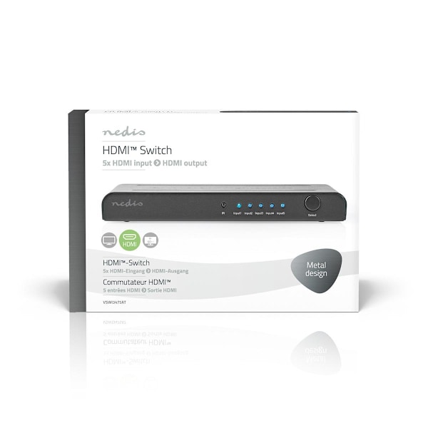 Nedis HDMI ™ Kytkin | 5-Porttinen port(s) | 5x HDMI™ tuloliitäntä | 1x HDMI™ lähtö | 4K@60Hz | 18 Gbps | Kauko-ohjattu | Metalli | Antrasiitti
