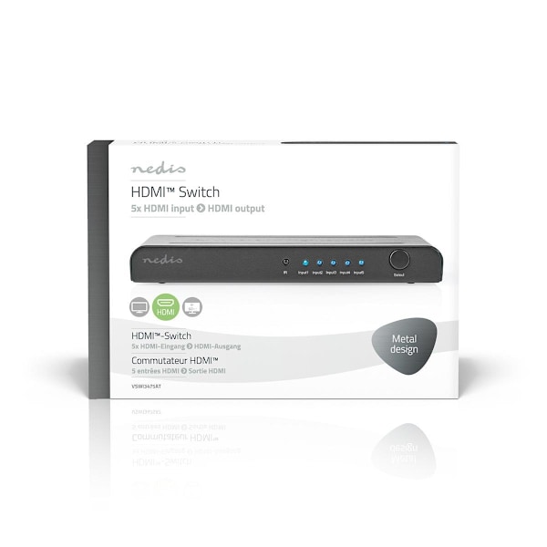 Nedis HDMI ™ Switch | 5-Port port(s) | 5x HDMI™ Ingång | 1x HDMI™ utgång | 4K@60Hz | 18 Gbps | Fjärrstyrd | Metall | Antracit