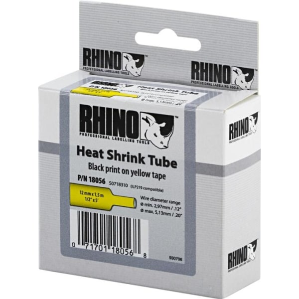 DYMO RhinoPRO, shrink tubing, 12x1,5 mm, sort tekst på gul tape,