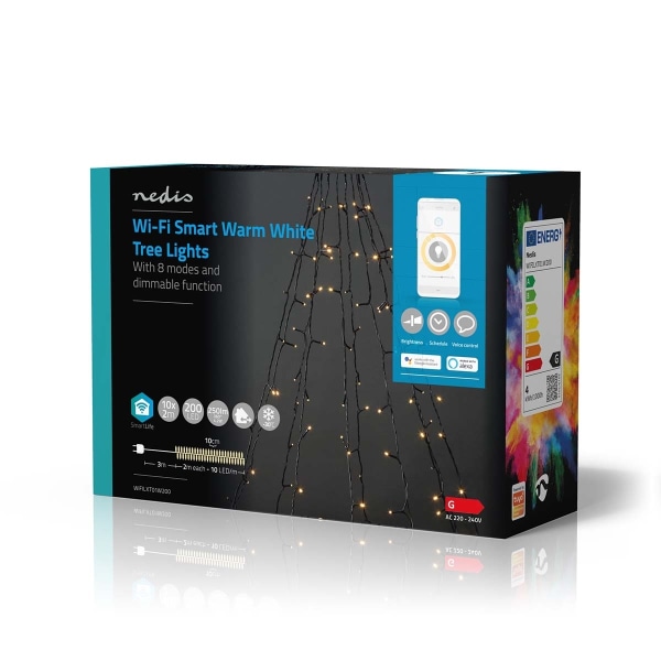 Nedis SmartLife jluelys | Træ | Wi-Fi | Varm Hvid | 200 LED's | 20.0 m | 10 x 2 m | Androidâ„¢ / IOS