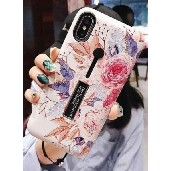 Modetaske med fingerholder - iPhone 12 Mini, Hvid med blomster Vit