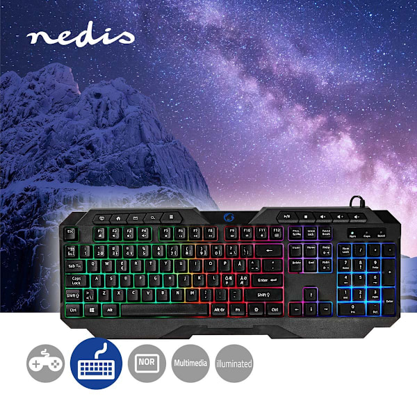 Nedis Pelinäppäimistö Langallinen | USB Type-A | Kalvonäppäiminä | LED | QWERTY | ND Näppäinasettelu | USB Virta | Virtakaapelin pituus: 1.30 m | Mult