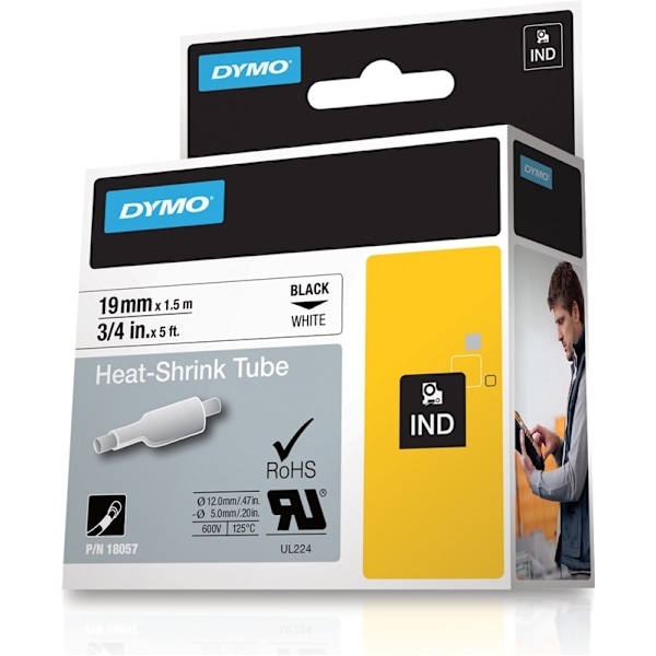 DYMO RhinoPRO mærkbar krympplast 19mm, sort på hvid, 1.5m rulle
