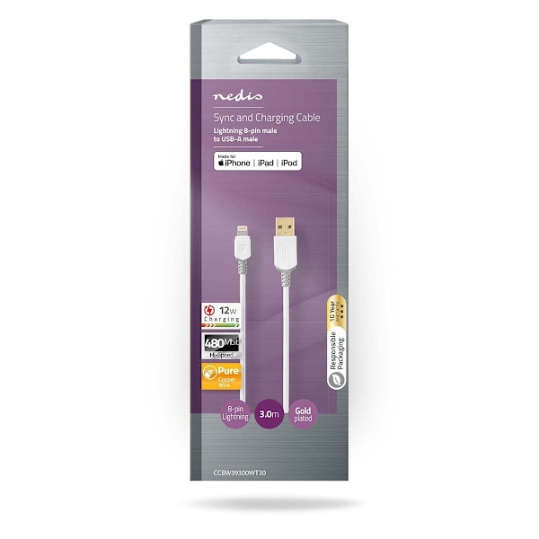 Nedis Lightning Kabel | USB 2.0 | Apple Lightning, 8-stifts | USB-A Hane | 480 Mbps | Guldplaterad | 3.00 m | Rund | PVC | Grå / Vit | Låda