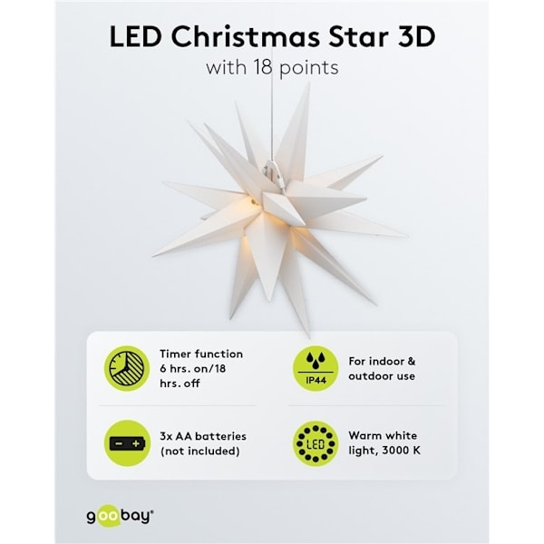 Goobay LED-julstjärna 3D, Ø 56 cm, batteridrivet med timer och 18 spetsar, varmvitt (3000 K), av väderbeständig plast (IP44), kabel 2 m