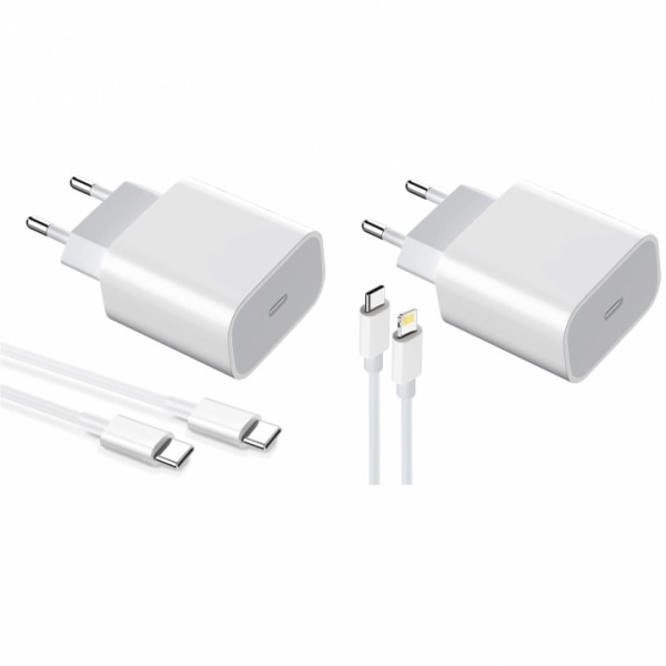 2-pak oplader til iPhone / Android 20W med USB-C til Lightning o