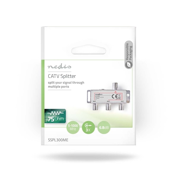 Nedis CATV Splitter | 5 - 1000 MHz | inkopplingsförlust: 6.8 dB | Antal utgångar: 3 | 75 Ohm | Zinc Alloy