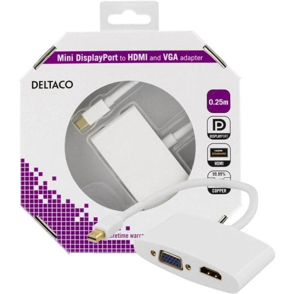 DELTACO sovitin Mini DisplayPort - HDMI ja VGA, 0,25m, valkoinen