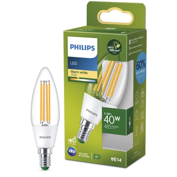 Philips LED E14 B35 Kron 2,3W (40W) Klar 485lm 2700K Energiklass