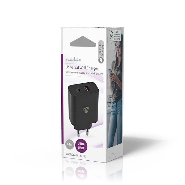 Nedis Väggladdare | 65 W | Snabbladdnings funktion | 2.0 / 2.25 A / 3.25 A A | Antal utgångar: 2 | USB-A / USB-C™ | Automatiskt val av Spänning | Svar