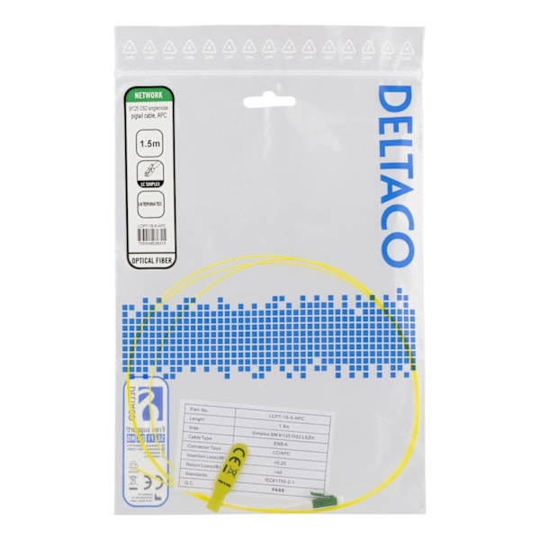 DELTACO OS2-häntäkuitu, LC, simplex, APC, 9/125, 1,5m