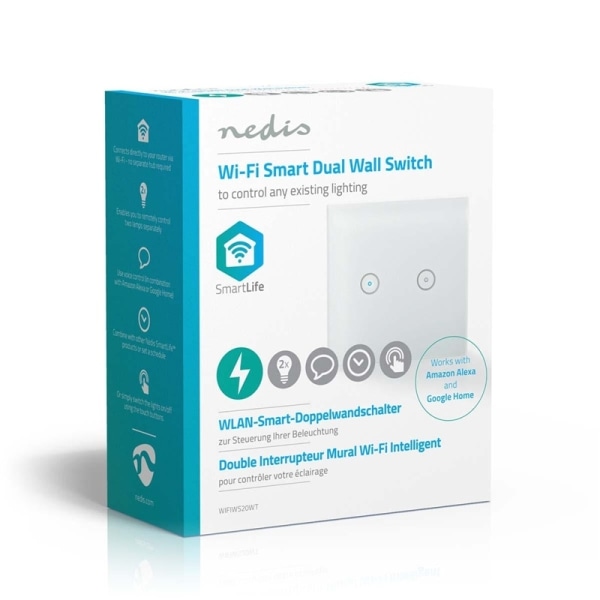 Nedis SmartLife Strömbrytare | Wi-Fi | Dubbel | Väggfäste | 1000 W | Androidâ„¢ / IOS | Glas | Vit