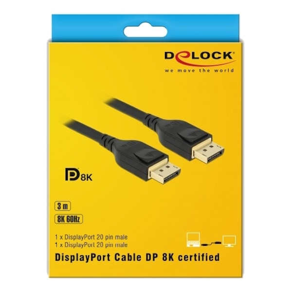 DeLock DisplayPort kabel 8K 60 Hz 3 m DP 8K-certifierad, svart