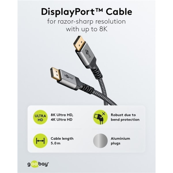Goobay DisplayPort-kaapeli, DP 1.4, 5 m, Sharkskin Grey Displaypor
