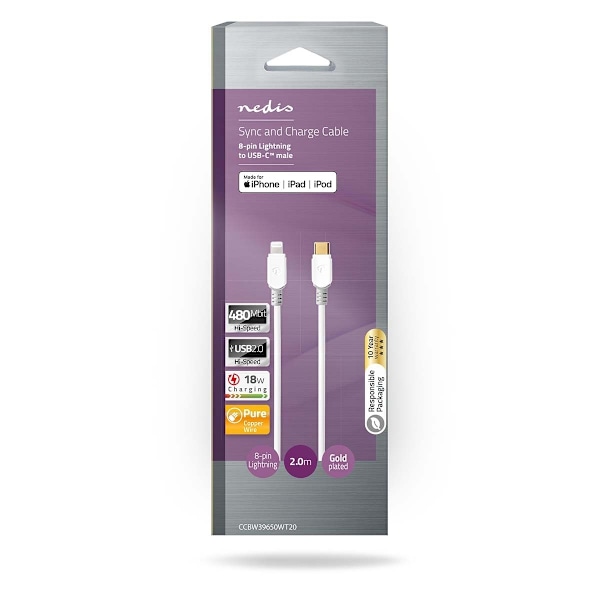 Nedis Lightning Kaapeli | USB 2.0 | Apple Lightning 8-Pin | USB-C™ Uros | 480 Mbps | Kullattu | 2.00 m | Pyöreä | PVC | Valkoinen | Ikkunallinen laati