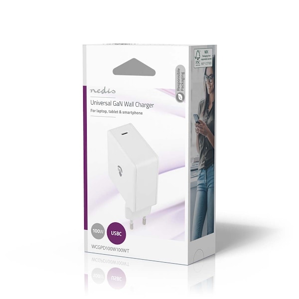 Nedis Väggladdare | 100 W | GaN | PD3.0 100W / PD3.0 30W / PD3.0 45W / PD3.0 60W / PD3.0 65W | Snabbladdnings funktion | 3.0 / 5.0 A | Antal utgångar: