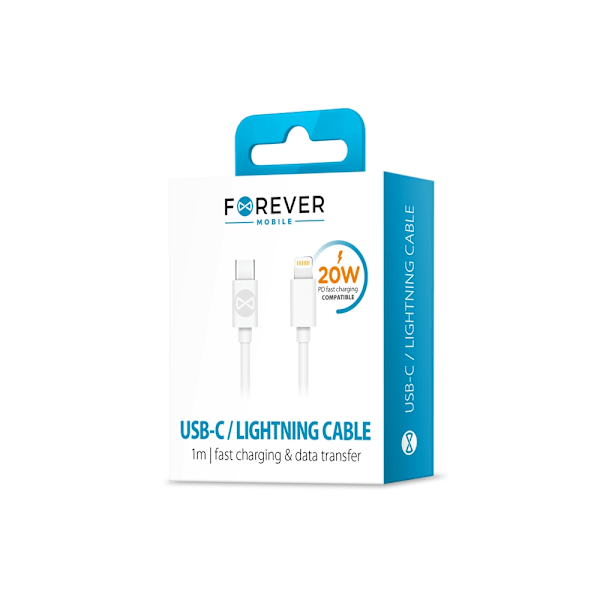 Forever-kaapeli USB-C - Lightning 1.0 m 3A, 20 W, valkoinen