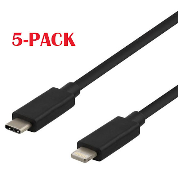 5-PACK kaapeli USB-C - Lightning, 2.4A, 1m, musta