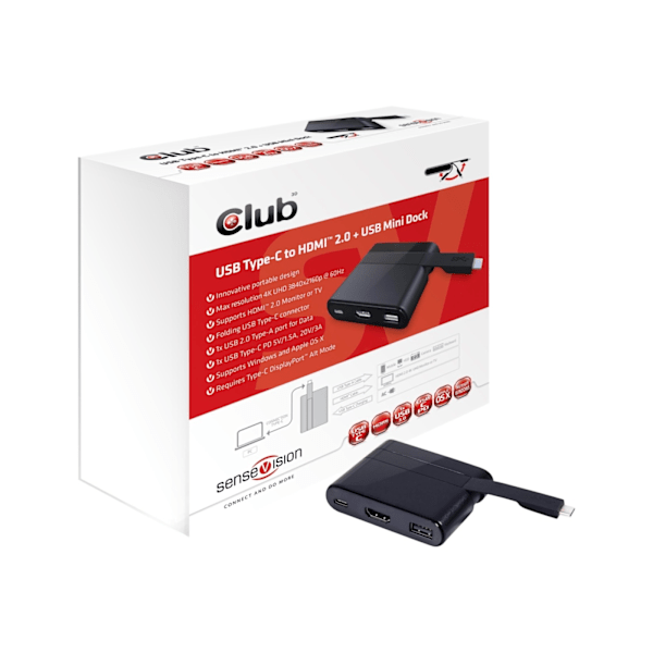 CLUB3D USB Type-C to HDMIT 2.0 + USB 2.0 + USB Type-C Charging Mini Dock