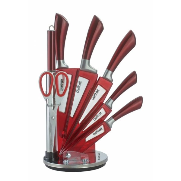 Cheffinger 8pc Stainless steel knives in Acrylic stand, Red