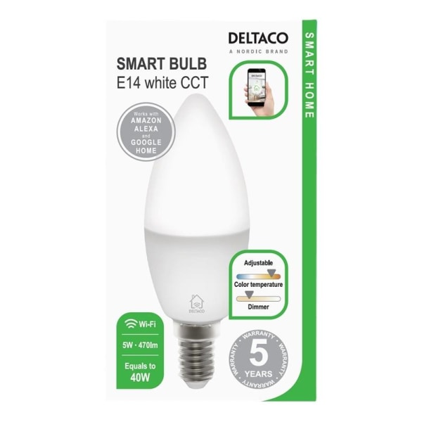 DELTACO SMART HOME LED-älylamppu, E14, WiFi, 5W, 2700K-6500K, himmenn.