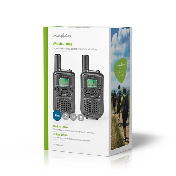 Nedis Walkie-talkie Set | 2 handenheter | Upp till 5 km | Frekvens kanaler: 8 | PTT / VOX | Upp till 2,5 timmar | Svart