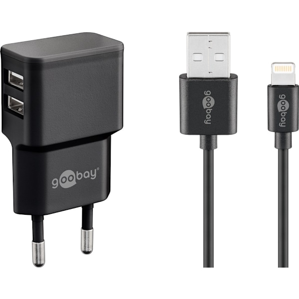 Goobay Apple Lightning Dual laddningssats (12 W) Strömförsörjningsenhet med 2x USB-uttag och Apple Lightning-kabel 1 m (svart)