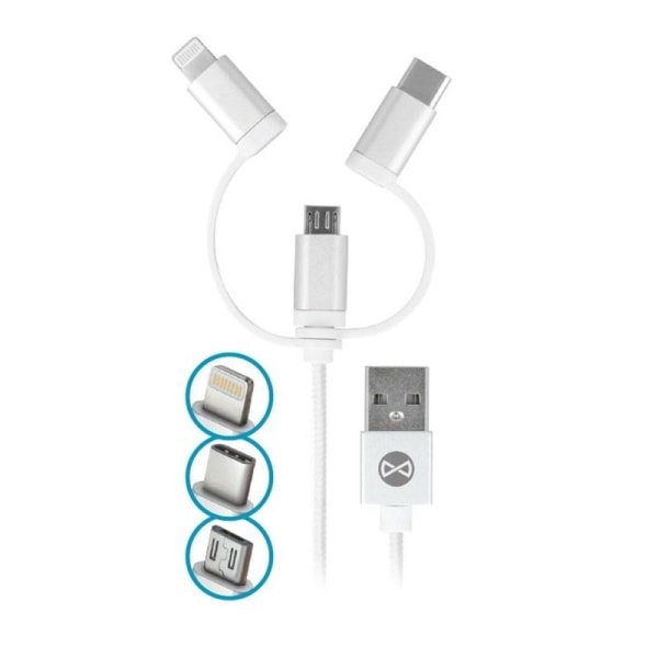 Forever USB 3-in-1 -kaapeli, nylon, microUSB, USB iPhonelle & US