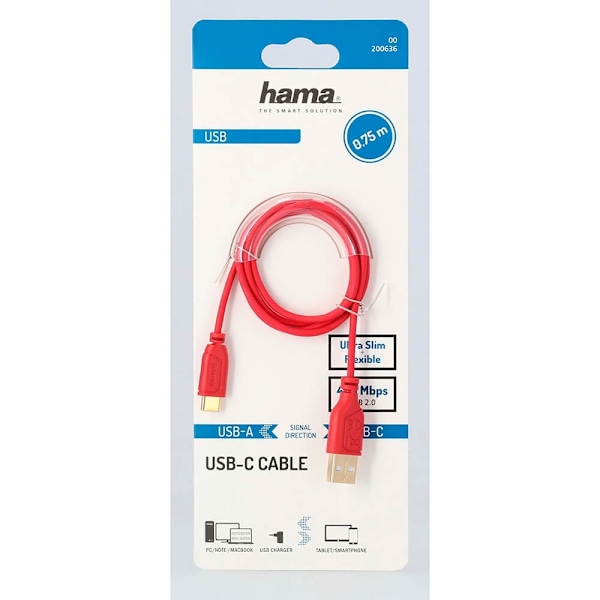 Hama Kabel USB-C Flexi-Slim USB-A-USB-C Guld Röd 0,75m