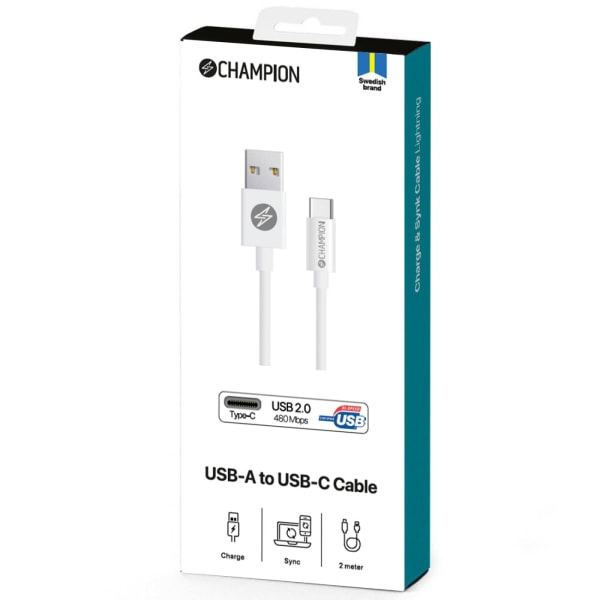 Champion USB-A till USB-C Kabel 2m Vit