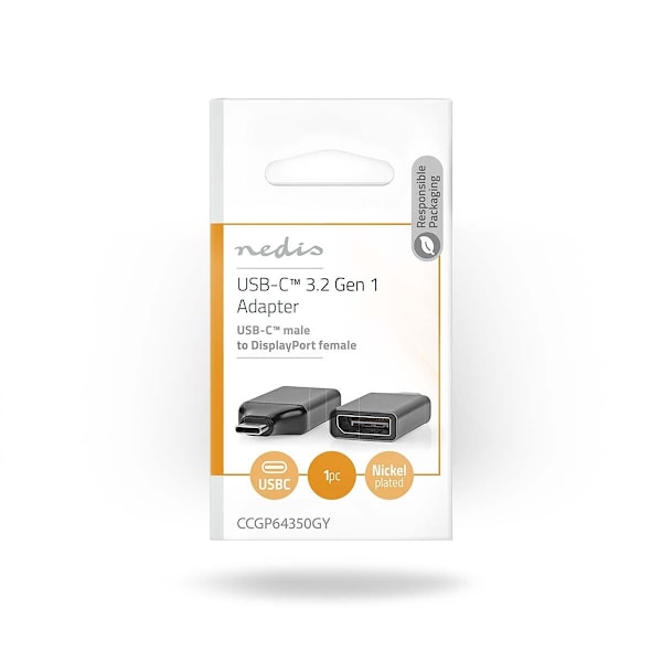 Nedis USB-C™ Adapter | USB 3.2 Gen 1 | USB-C™ Hane | DisplayPort Hona | 4K@60Hz | Rund | Nickelplaterad | Grå / Svart | Kuvert