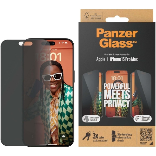 PanzerGlass Privacy Ultra Wide Fit -skärmskydd, iPhone 15 Pro Ma Svart