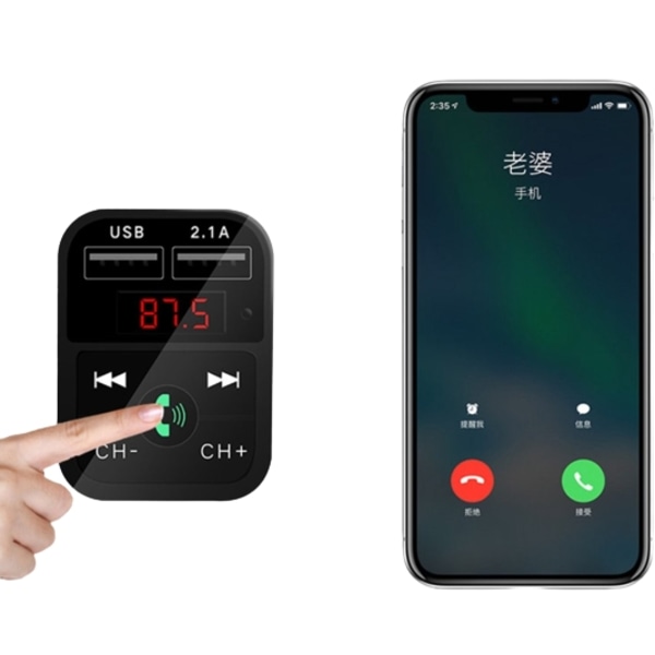 2-i-1 FM-sender med dobbelt USB-stik, display og knapper, Sort