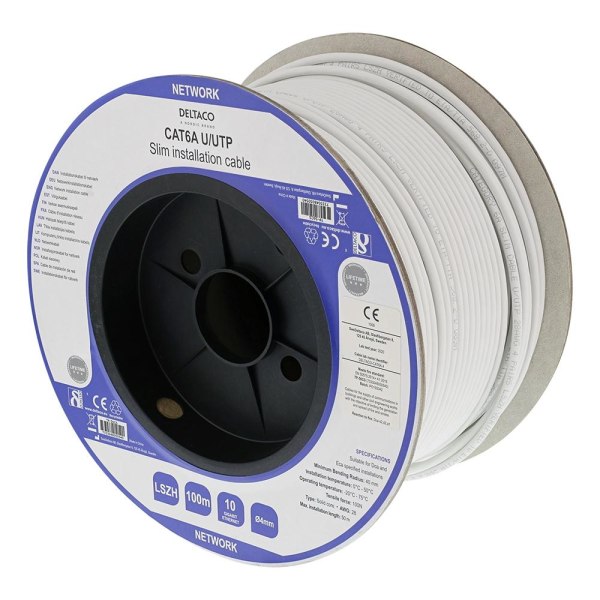Deltaco U/UTP Cat6a installation cable slim 28AWG 100m LSZH whit