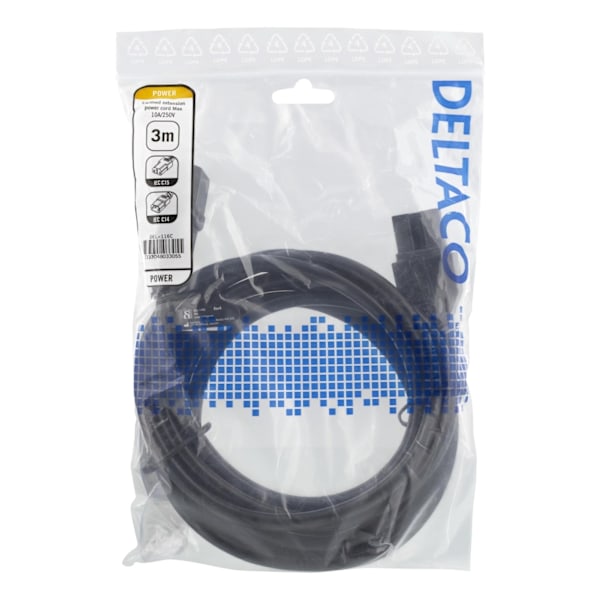 DELTACO maadoitettu kaapeli, IEC C15 - IEC C14, 3m, musta
