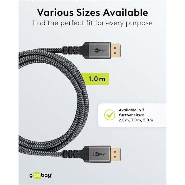 Goobay DisplayPort-kabel, DP 1.4, 1 m, Sharkskin Grey Displayport™ plugg > Displayport™ plugg