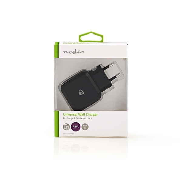 Nedis Väggladdare | 24 W | Snabbladdnings funktion | 2x 2.4 A A | Antal utgångar: 2 | 2x USB-A | Utan kabel | Single Voltage Output