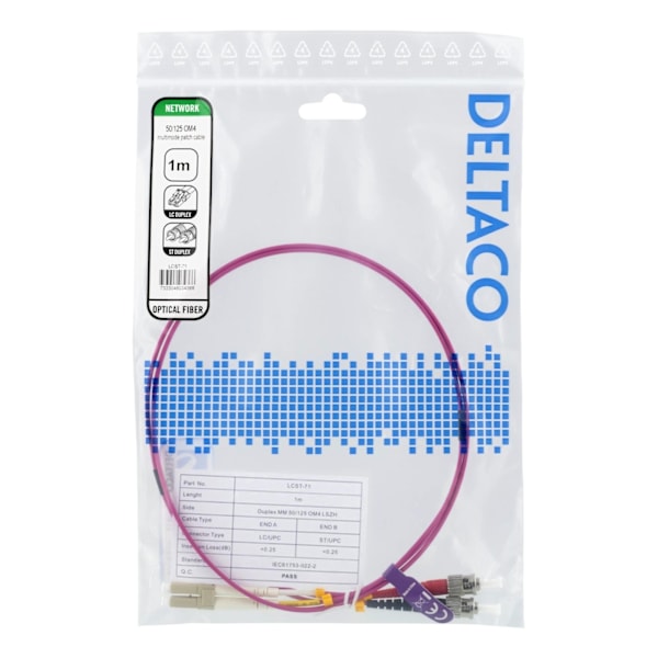 Deltaco OM4 Fiber cable, LC-ST Duplex, 50/125, 1m, pink