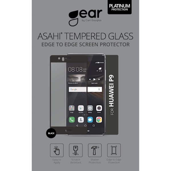 GEAR Hærdet Glas 3D Full Cover Sort Huawei P9 Transparent