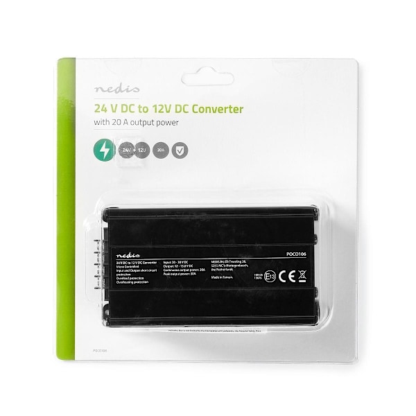 Nedis Ström omvandlare | Bildriven | 24 V DC | 12 V DC | 240 W | Skruvterminal | Utrustad med en säkring | Svart