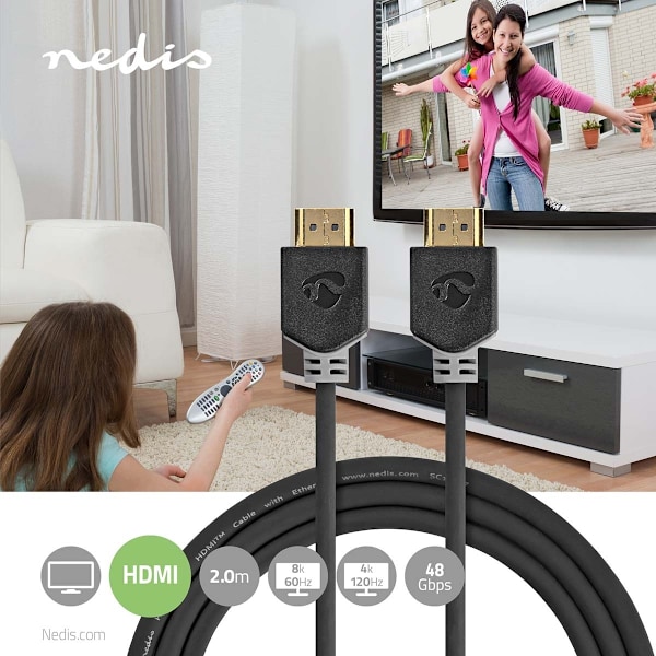 Nedis Ultra High Speed ​​HDMI ™ -kaapeli | HDMI™ liitin | HDMI™ liitin | 8K@60Hz | 48 Gbps | 2.00 m | Pyöreä | 6.5 mm | Antrasiitti | Laatikko
