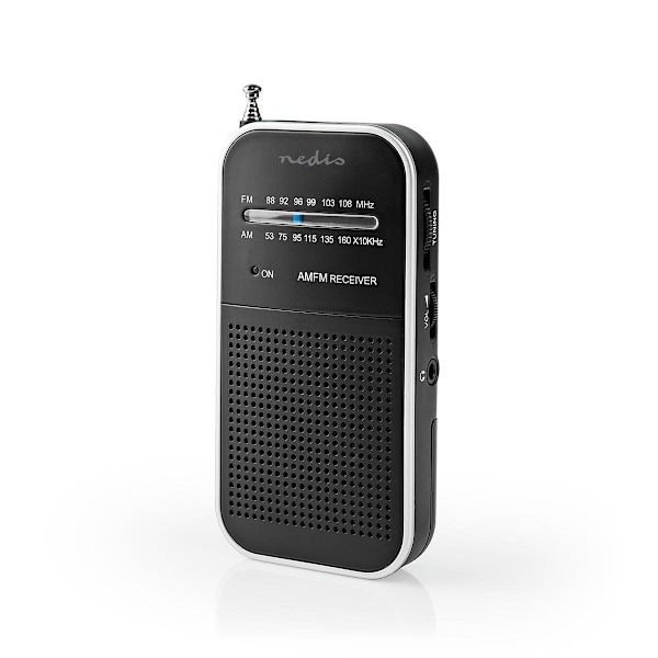 Nedis FM-radio | Bærbart design | AM / FM | Batteri | Analog | 1.5 W | Sort hvid skærm | Hovedtelefonudgang | IP20 | Aluminium / Sort