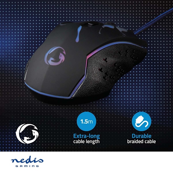 Nedis Gaming Mus | Trådbundet | 1200 / 1800 / 2400 / 3600 dpi | Justerbar DPI | Antal knappar: 6 | Programmerbara knappar | Högerhänt | 1.50 m | LED
