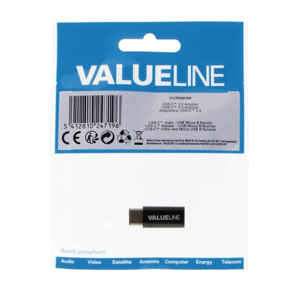 Valueline USB 2.0 Adapteri USB-C Uros - USB Micro B Naaras Musta