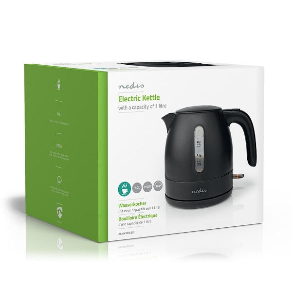 Nedis Elkedel | 1.0 l | Plast | Sort | Drejelig 360 grader | Skjult varmeelement | Strix®-controller | Beskyttelse mod kogetørring